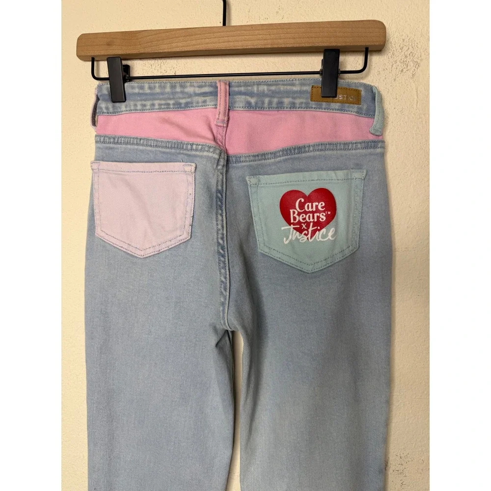 Y2K Justice x Care Bears Girls Colorblock Flare Jeans Size 12 Light Wash Retro